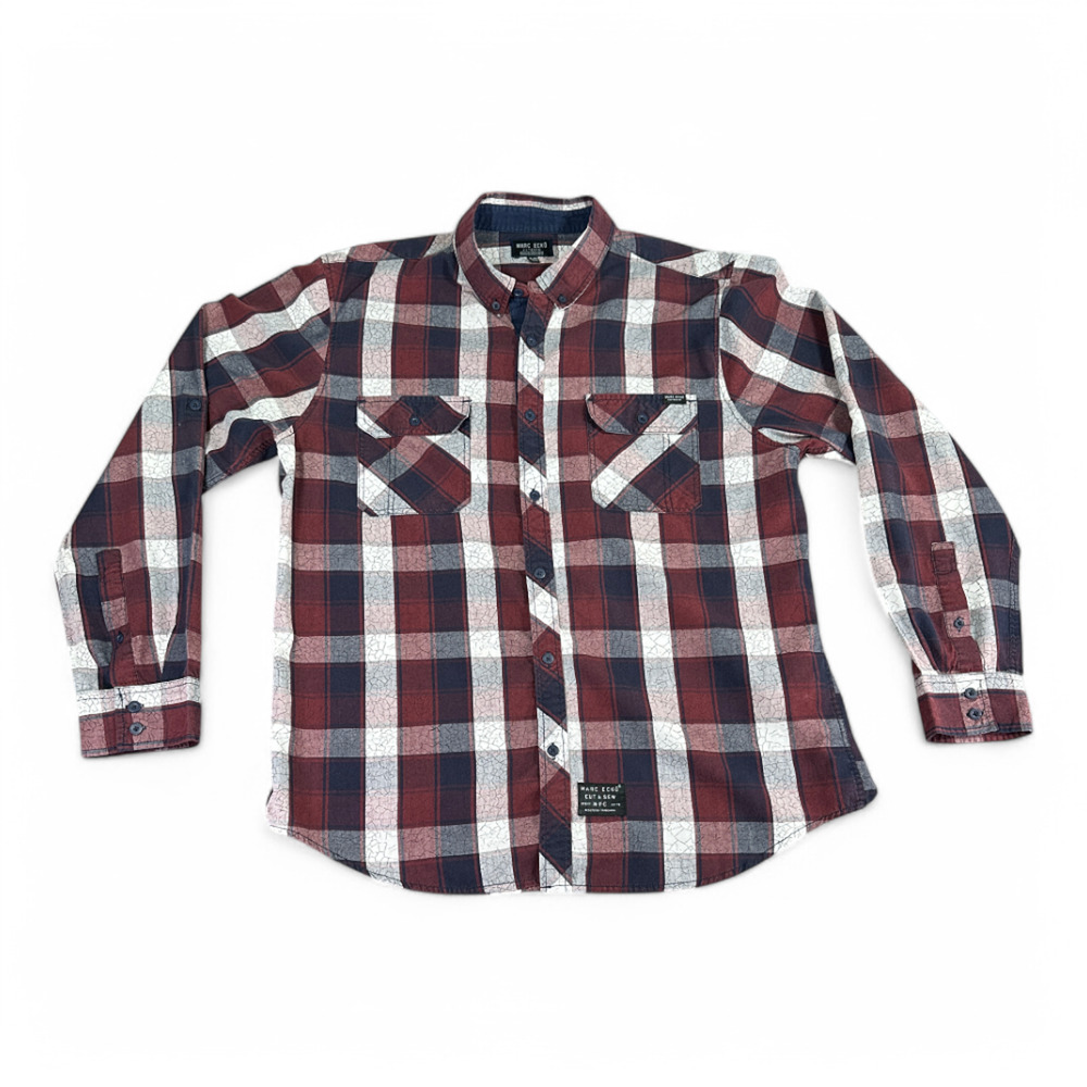 Marc Ecko Shirt Adult EXTRA LARGE Burgundy Blue Cut & Sew Plaid Pockets